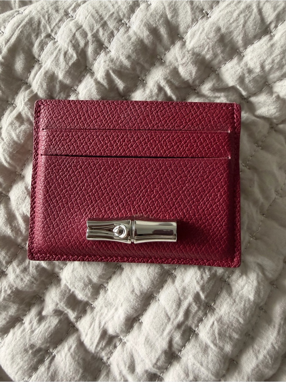 Dark pink Leather Card Holder with Silver Accent